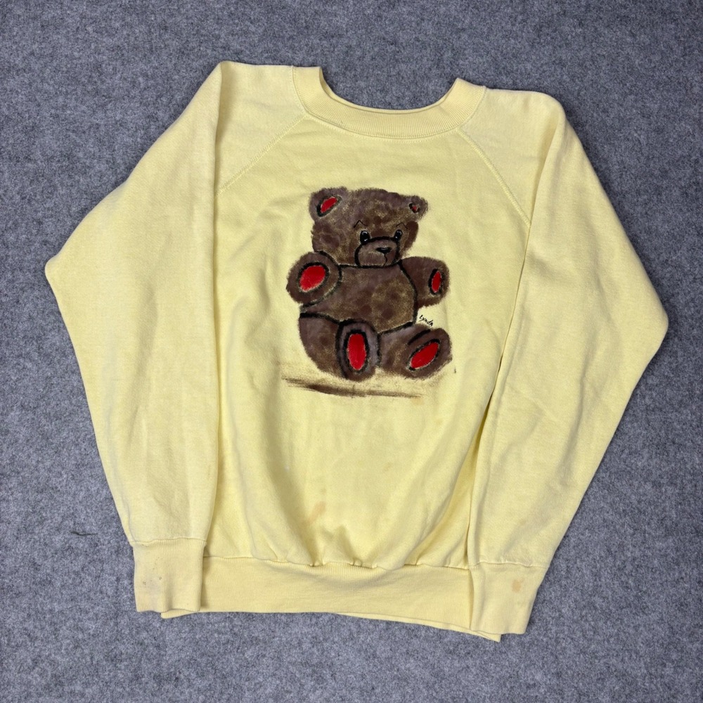 Vintage Yellow Teddy Bear Hand Painted Raglan Crewneck Sweatshirt Womens L Large
